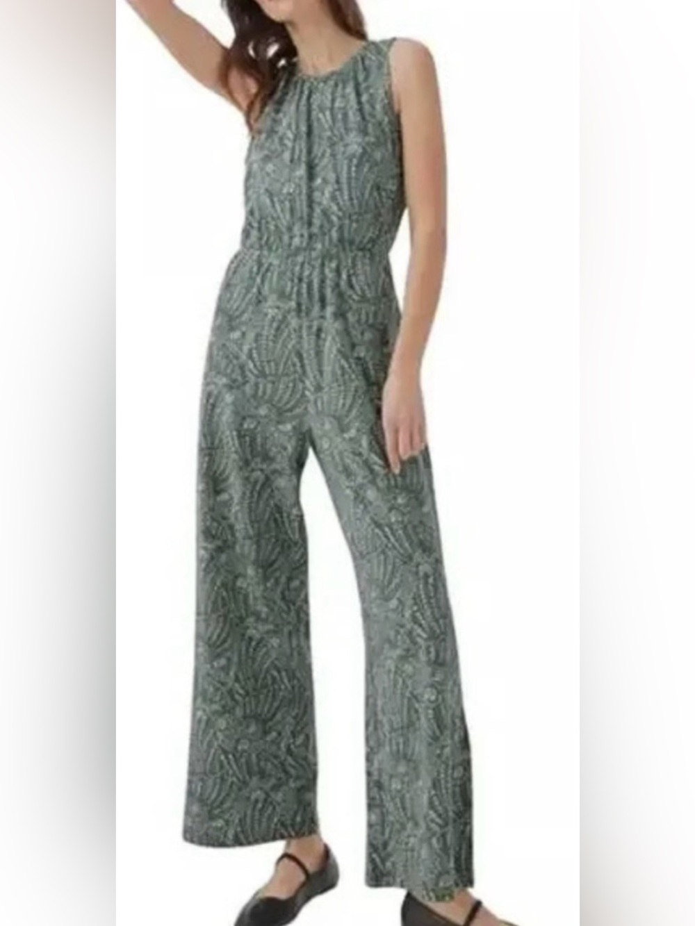 Pact Organic Cotton Sleeveless Cutout Back Jumpsuit Sage Green Floral 
Small